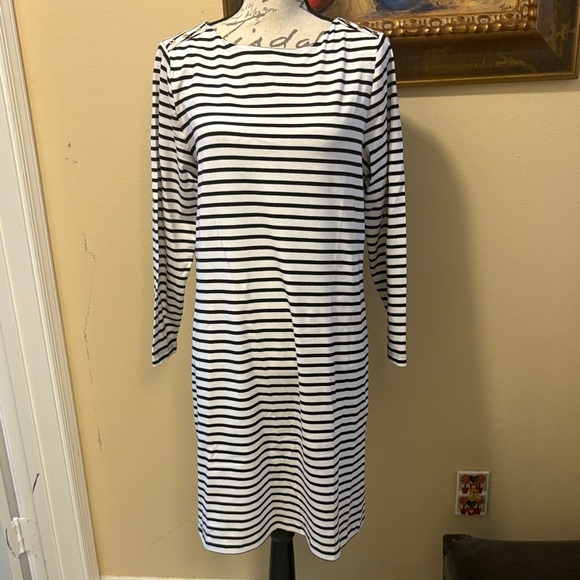 Jones New York Epaulet Gold Button detail Striped stretchy cotton modest Dress - Picture 1 of 10